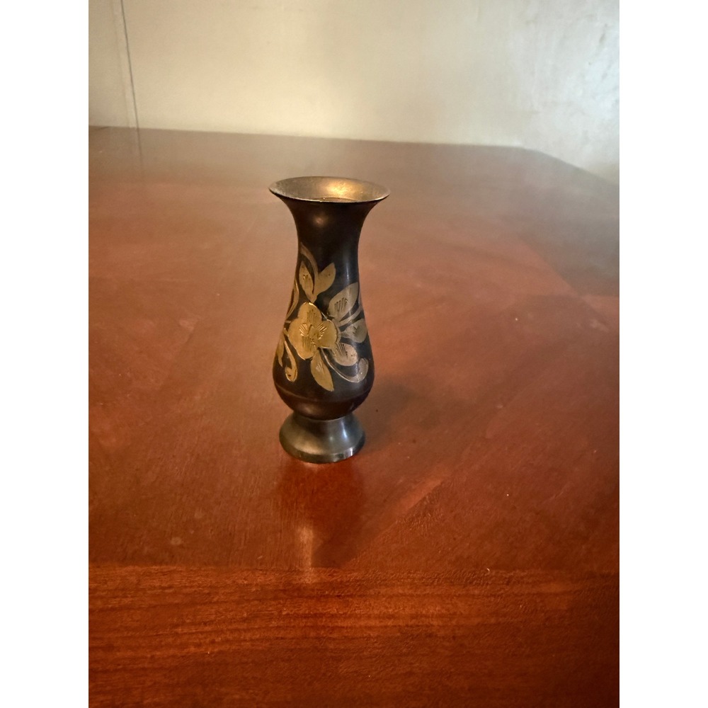 Vintage Black Etched Brass Floral Bud Vase Made in India 4 Gold Tone Flower